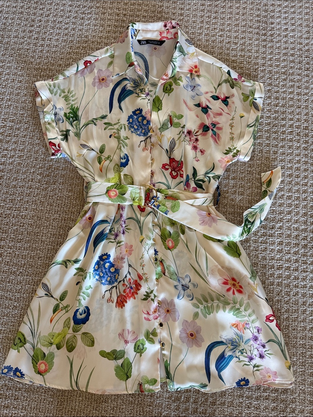 Women’s New Zara cream silky multi color floral print mini dress sz small